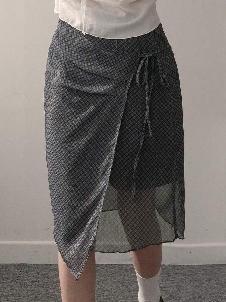 Plaid Oblique Collar Fitted Casual Vacation Summer Women Skirt