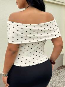 Dazy Plus Fashionable Polka Dot High Stretch Sexy Cropped Top, Off Shoulder Tight Fitting T-Shirt, Plus Size, Spring/Summer Graphic Tee Going Out Tops - Beige - View 5