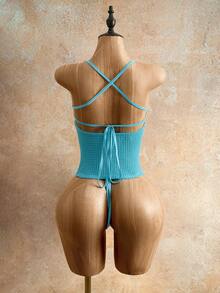 Mistrie Summer Sexy Camisole Pearl Letter Decor Shell Cutout Tie Back - Blue - View 8