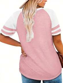 SHEIN CURVE+ Áo thun kẻ sọc cỡ lớn, áo thun cổ tròn tay ngắn kiểu dáng thường ngày, áo thun in hình dành cho nữ cỡ lớn. - Nhiều màu - Xem 2