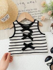 LMoss Kids Baby Girl Striped Textured Back Bow Blouse - Black and White - View 4