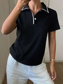 DAZY Tricou de vară pentru femei, cu guler polo, culoare contrastantă, mânecă scurtă, casual, pulover - Negru - Vizualizare 2
