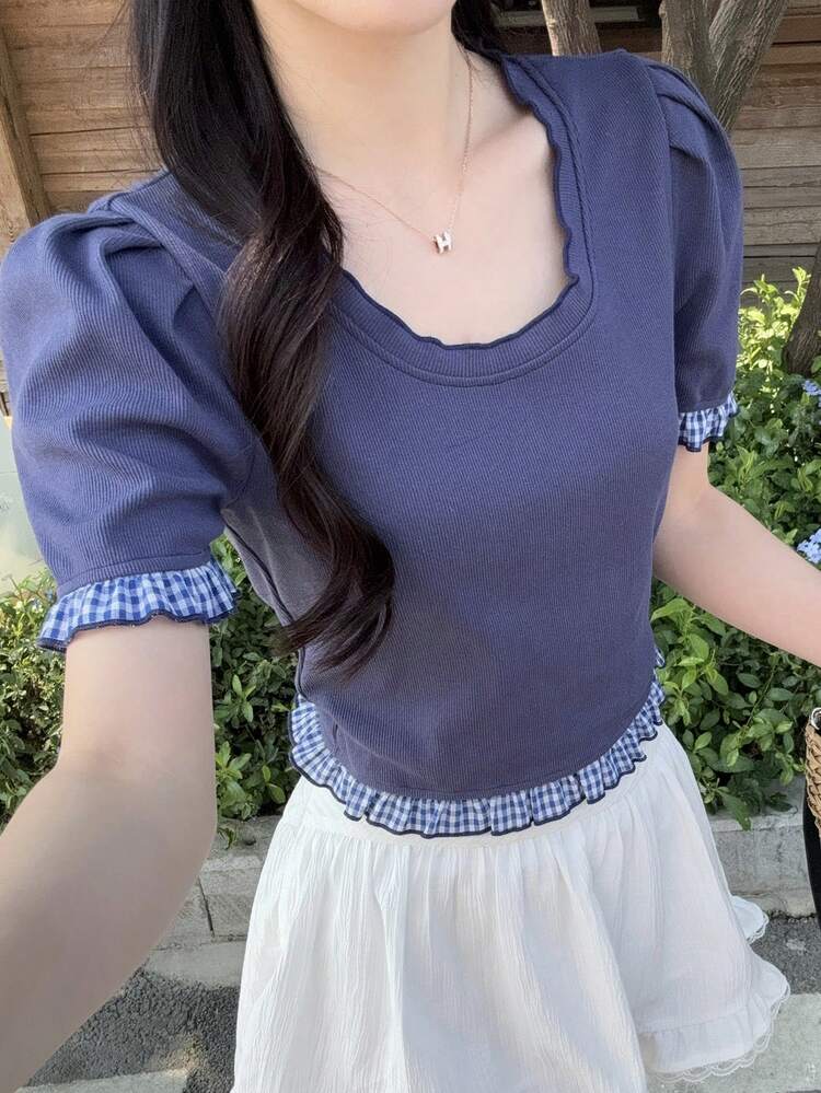 Women's Summer Colorblock Plaid Patchwork Crew Neck Cropped Casual T-Shirt