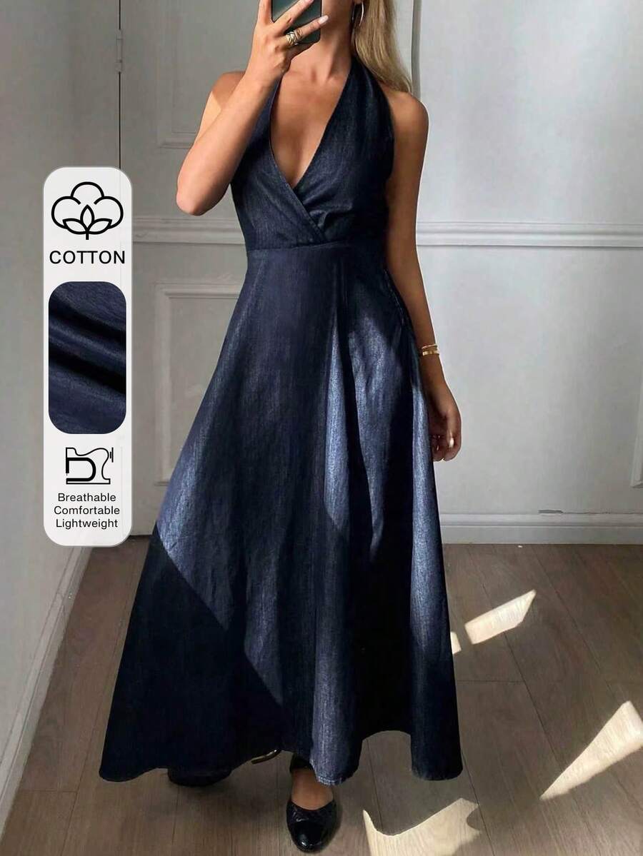 DAZY Đầm denim cổ yếm, xẻ tà bên hông, thắt eo dành cho nữ, thích hợp mặc đi biển. - Rửa tối - Xem 1