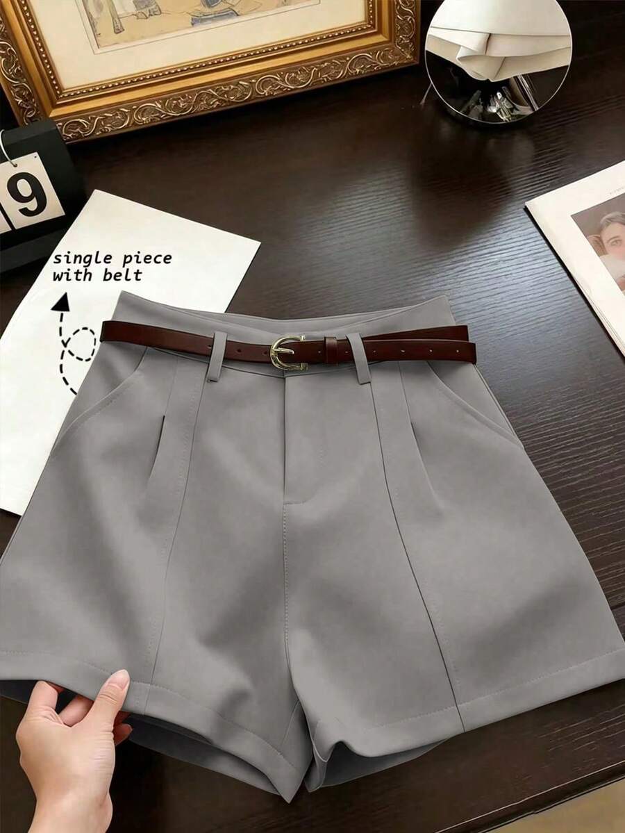 Franclia 法式极简时尚梭织纯色通勤休闲复古高腰A字阔腿新款女式短裤 - 灰色 - 查看 1