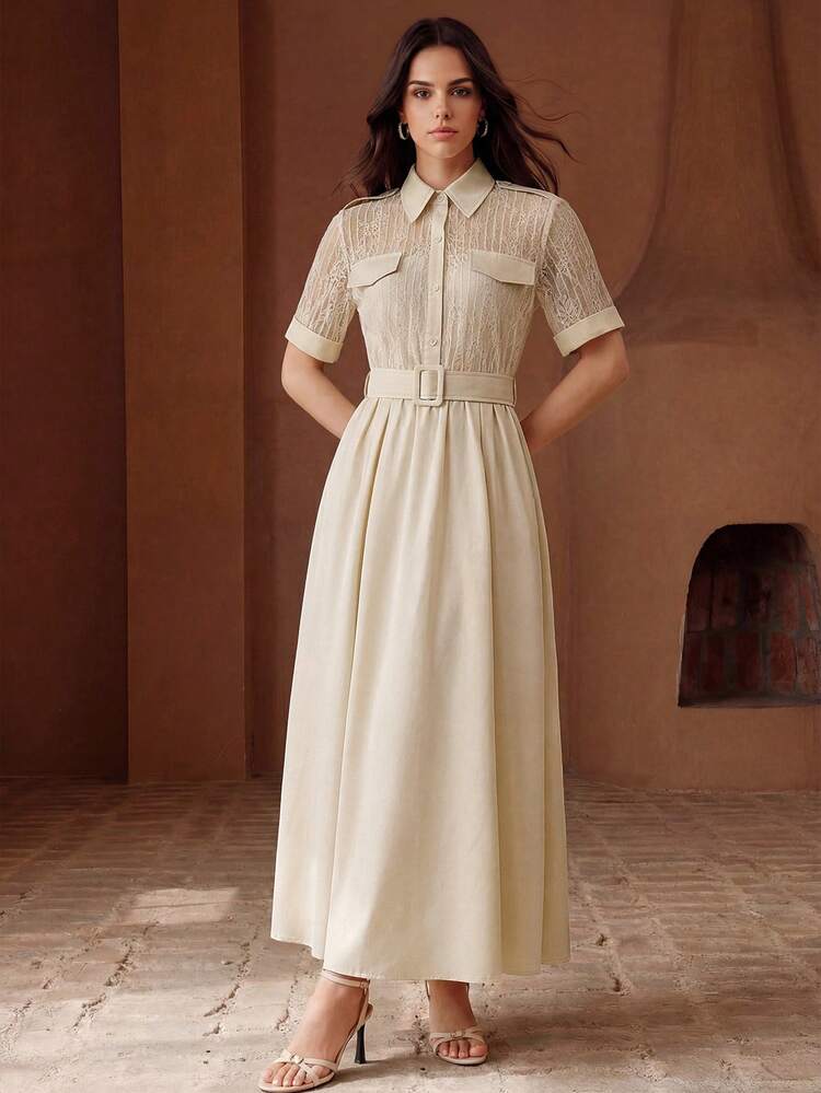 2026 Spring/Summer New Casual Chic Elegant Shirt Dress, Turndown Collar Short Sleeve Waist Adjustable Lace Patchwork Mid-Length Dress For Women