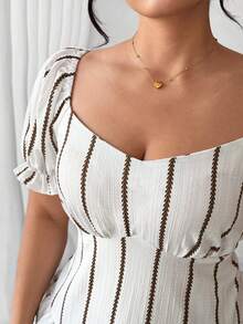 Elenzga Plus Size Waist Cinching Textured Print Elegant Palace Style Shirt - Multicolor - View 4