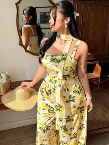FleurLily Bộ áo liền quần cỡ lớn dành cho nữ, có dây đeo điều chỉnh eo, túi hai bên, in hình quả chanh, thoải mái và thanh lịch, thích hợp cho mặc ngoài trời. - Màu vàng - Xem 4