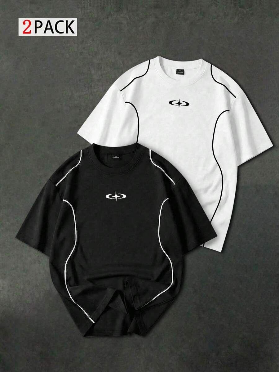 Gym Rark 2件/組 男款時尚百搭十字星印花圓領短袖運動T恤，健身房適用 - 黑色 - 查看 1