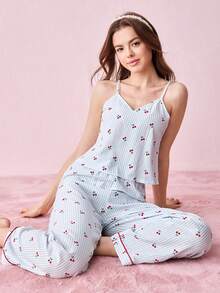 Bộ đồ ngủ nữ gồm áo hai dây và quần dài in hình quả anh đào, họa tiết sọc nhăn, kiểu bong bóng. - Màu xanh lam - Xem 1