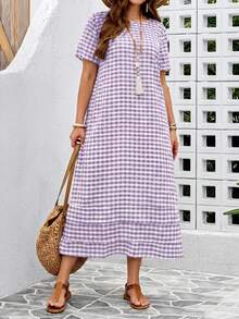 EMERY ROSE Plus Size Women's Summer Beach Vacation Style Printed Ruffled Hem Loose Dress - Purple - View 1