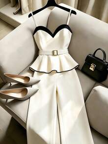 Franclia Women's Elegant Set With Ruffle Hem Camisole And Wide Leg Pants - Apricot - View 5