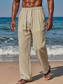 Manfinity RSRT Pantalones casuales de unicolor para hombres, versátiles para vacaciones y días festivos - Amarillo Melón - Ver 3