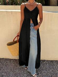 DAZY Women's Solid Color Long Slit Textured Embroidered Fabric Elegant Summer Vacation Camisole Top - Black - View 3