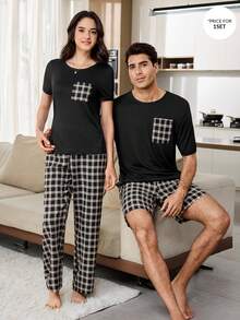Classic Plaid Men's Casual Pajama Set - Black - View 6