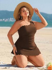 SHEIN Swim Lushore Plus Size Solid Color Floral Trim Asymmetric Hem Sexy Beach Party Swimsuit Dress - Brown - View 4