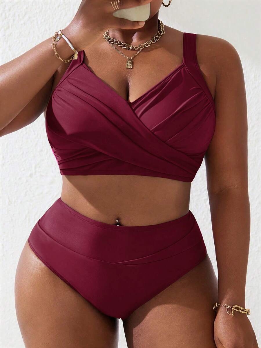 Slaydiva Bộ đồ bơi tankini 2 mảnh phối màu đen hồng nhún bèo dành cho nữ cỡ lớn, thích hợp cho kỳ nghỉ hè ở bãi biển. - Màu Đỏ Sâu - Xem 1
