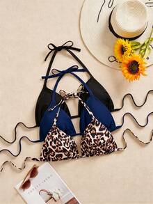 SHEIN Swim Curve 3件套加大码女士泳衣上装，黑色、白色、豹纹印花，可调节细肩带，简约日常比基尼上装 - 藏蓝色 - 查看 1