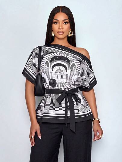 SOLERSUN 2025 Summer Women's One Shoulder Scarf Print Batwing Sleeve Belted Blouse, Vintage Baroque Print Oversized Casual Top For Vacation Going Out,Women's One Shoulder Scarf Print Batwing Sleeve Belted Blouse, Vintage Oversized Casual Summer Top,Oversized Belted Casual Top For Vacation Beach Party