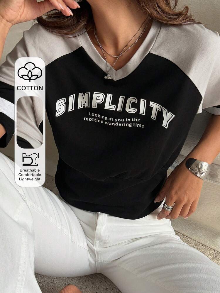 Women's V-Neck Contrast Color Patchwork Cropped Loose Casual Pullover T-Shirt, Summer Graphic Tees Women