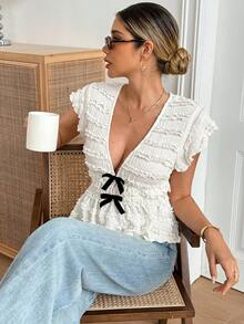 Elyressa Bestselling V-Neck White Knit Top With Textured Horizontal Stripes, Bowknot Decor, Fitted Waist, Flutter Sleeves, Casual Cute Work Vacation Summer - Apricot - View 6