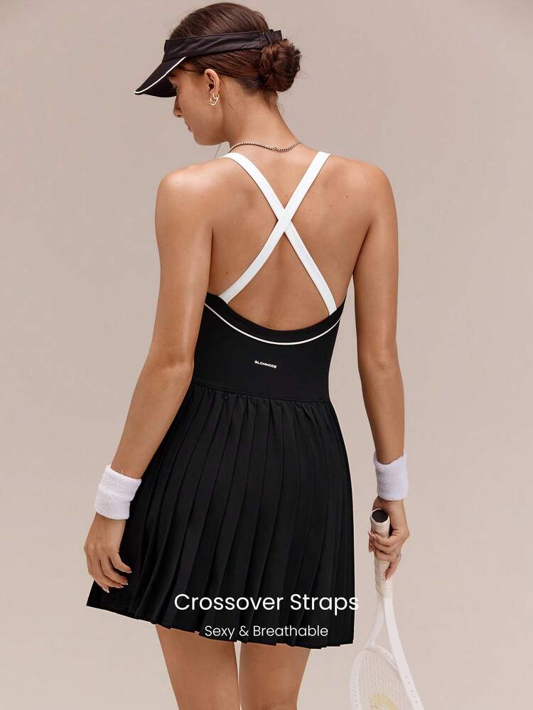 Game Glow Crossover Straps Shelf Bra Sweetheart Neck Pleated Tennis Dress With Built-In Shorts Golf Pickleball Daily Casual Wear