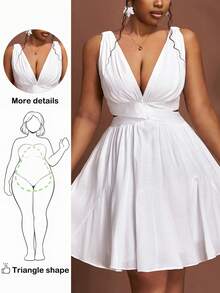 Truni 大码女式白色雪纺轻薄深V领露背系带短连衣裙，适合度假和约会 - 白色 - 查看 6