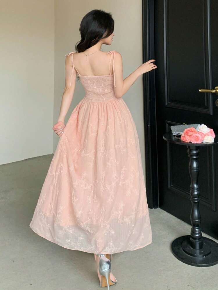 Spring & Summer Sexy Spaghetti Strap Waist Cinched Lace Textured Fabric Long Dress For Women, Pink