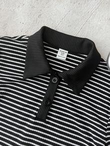 SHEIN 少女夏季休闲黑白条纹撞色连衣裙 - 黑與白 - 查看 4