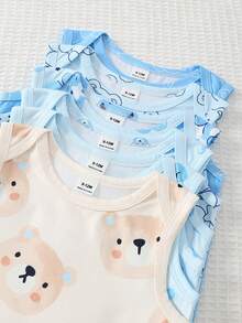 SHEIN Playful Pals 3套Sent新生男嬰夏季無袖連身衣套裝，可愛卡通熊印花，柔軟針織日常休閒水藍色親子款3件組 - 彩色 - 查看 5