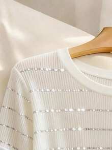 INAWLY Camiseta casual de mujer con cuello redondo y manga corta con decoración de lentejuelas - Albaricoque - Ver 3