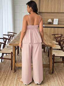 Weeklong Plus Size Women's 2 Pieces Wave Heart Ribbon Contrast Color Linen-Like Casual Commuter Suit, Spring/Summer - Pink - View 2
