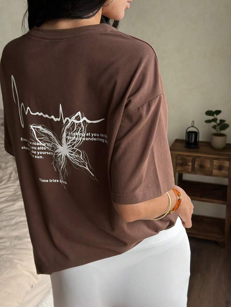 Women's Summer Round Neck Printed Casual Vacation Style Brown Short Sleeve T-Shirt