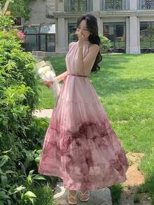 DAZY 漸層花卉印花無袖中長洋裝 女款夏季度假風 灰粉色優雅度假太陽裙 - 粉色 - 查看 3
