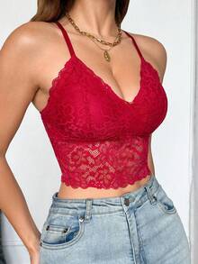 Myrelith Women's Solid Color Lace Patchwork Sheer Fitted Camisole Lingerie - Red - View 5
