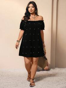 Breezaya Plus Size Elegant Off Shoulder Dress, Slimming Waist Design With Faux Pearl Decor, Versatile For Daily, Commute, Party, Date, Photo Shoot Pearl Dress - Black - View 8