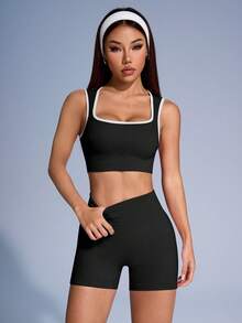 SHEIN Sovereign Charm Women Solid Color Ribbed Sports Vest And Shorts Set - Black and White - View 4