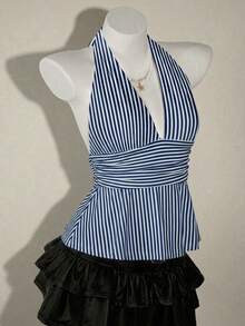 SHEIN ICON Halter Deep V-Neck Cinched Waist A-Line Backless Camisole,Summer Top - Navy Blue - View 3