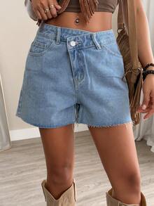 Dazy Tall Shorts vaqueros casuales de verano para mujer alta con diseño asimétrico de cintura y dobladillo desgastado - Azul lavado medio - Ver 5