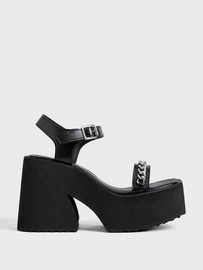 Sugerpunk Giày sandal đế xuồng thời trang gợi cảm dành cho nữ, kiểu punk gothic, thiết kế quai chéo với khóa dây xích, thích hợp cho mùa xuân hè, lễ hội, hộp đêm, tiệc tùng.