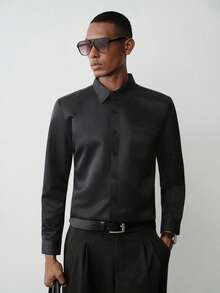 MENRIVO Men Solid Button Front Long Sleeve Shirt, Fall - Black - View 6
