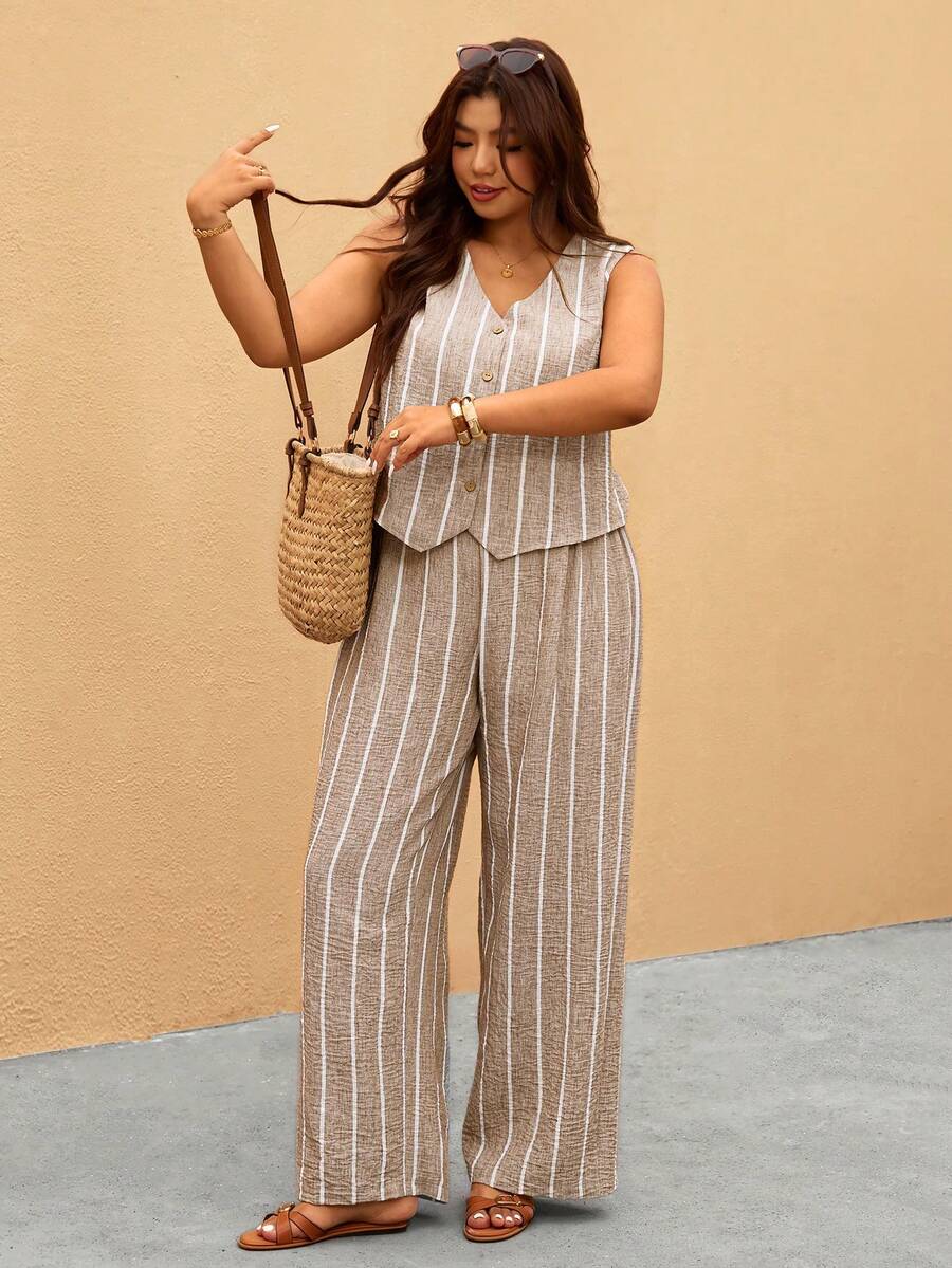 Elaquor Plus Size Casual Striped Vest And Pants 2 Pieces Set - Multicolor - View 1