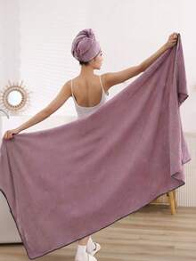 1 Set 35.4x70.9 Inch Bath Towel And 9.8x25.6 Inch Shower Cap 2Pcs For Women Couple Soft Absorbent Thickened Oversized Handmade Jacquard Heart Pattern Home Bathroom Gift Essential Must Have - Love Bean Paste 2-piece Set - View 3