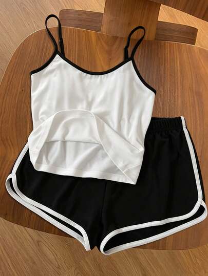 Airaco Women's Summer Casual Sports Contrast Trim Camisole And Dolphin Shorts 2 Pieces Set