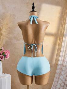 Bellisia 26SS Summer Holiday Beach Holiday Rhinestone Butterfly Halter Tankini Swimwear Set Sky Blue Sexsy - Baby Blue - View 3