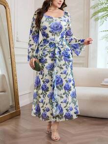 Modelyn Robe de vacances à encolure carrée, manches évasées et froncée à fleurs pour femmes, grande taille - Multicolore - Voir 5