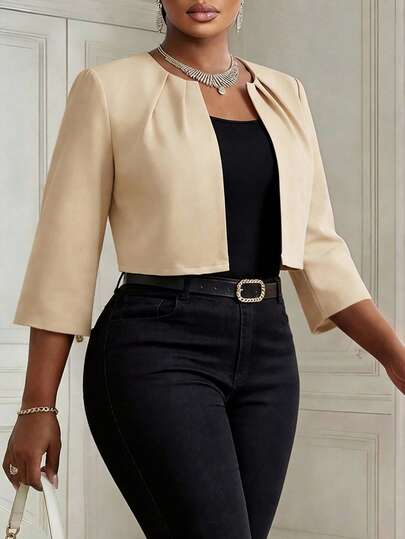 Fleurora Trang phục khoét lỗ mùa thu cỡ lớn dành cho nữ, trang phục công sở thường ngày dành cho phụ nữ, trang phục mùa thu dành cho phụ nữ và mùa đông, phong cách mới, thời trang và thanh lịch, đi làm, công sở, màu trơn, áo khoác blazer ngắn tay 7/4 màu đỏ