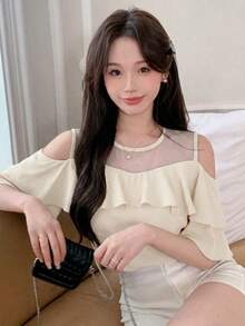 DAZY Contrast Mesh Short Sleeve Ruffle Hem Women Blouse - Beige - View 6