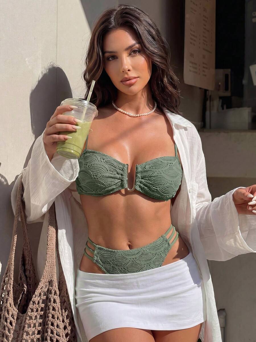 SHEIN Swim SXY Bộ bikini hai dây gợi cảm dành cho nữ, thích hợp đi biển. - màu xanh lá - Xem 1