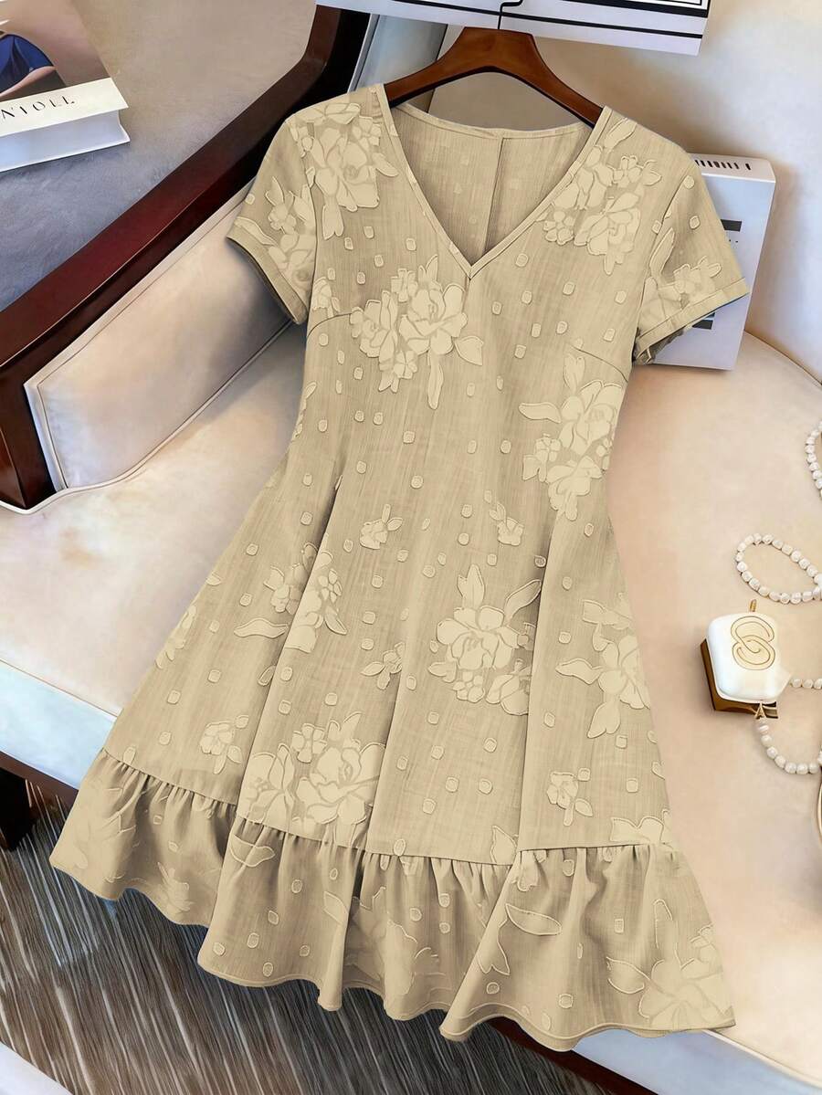 GlowEve CURVE Plus Size V-Neck Elegant Sophisticated Fashionable Romantic Vacation & Date Flattering Versatile Dress - Khaki - View 1